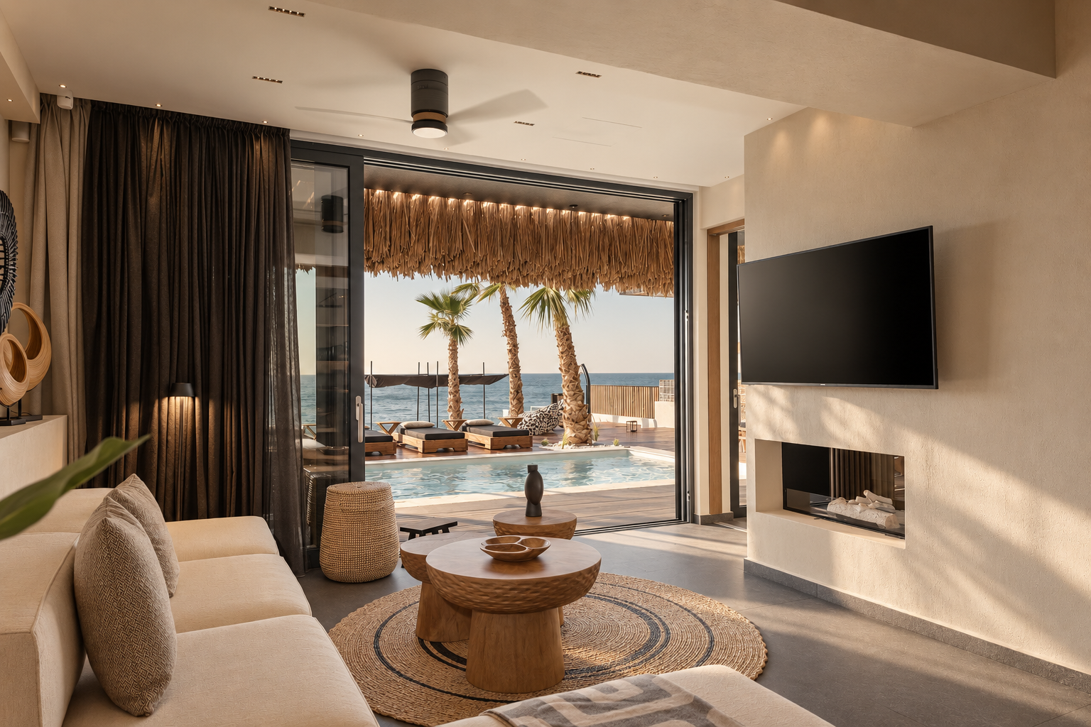 Living area of Casa Negro opening to the pool and the sea